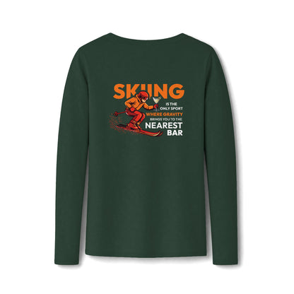 Gravity Skiing Women's Long Sleeve V-Neck Tee in Forest Green, back