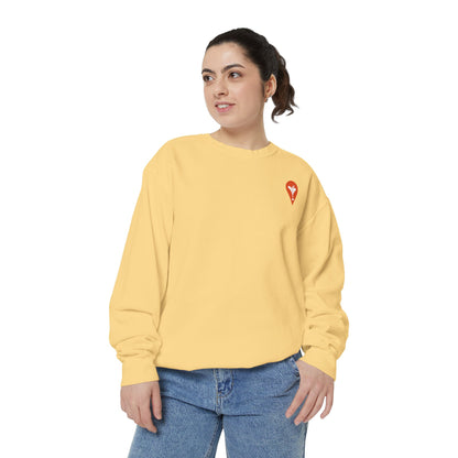 Gravity Skiing Crewneck Sweatshirt in Butter, female model, front