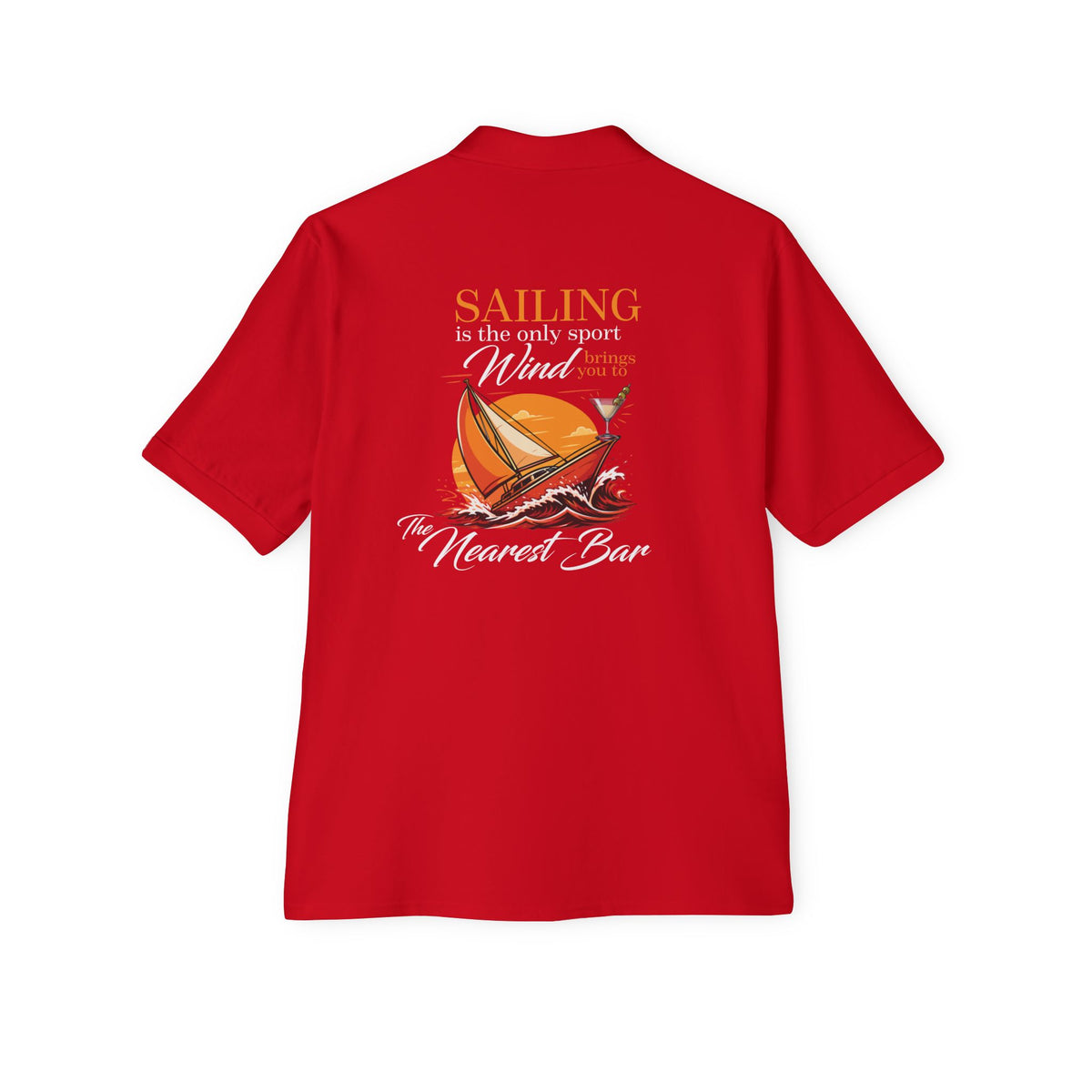 Sailing Nearest Bar Polo in True Red, back view with sailing graphic