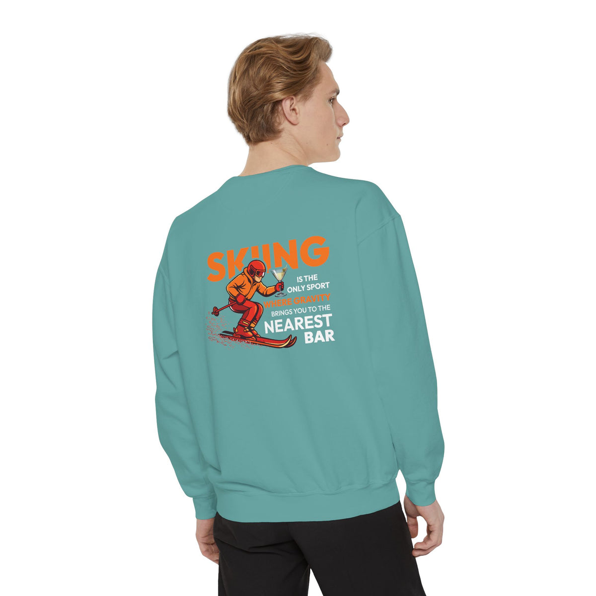 Gravity Skiing Crewneck Sweatshirt in Seafoam, male model, back
