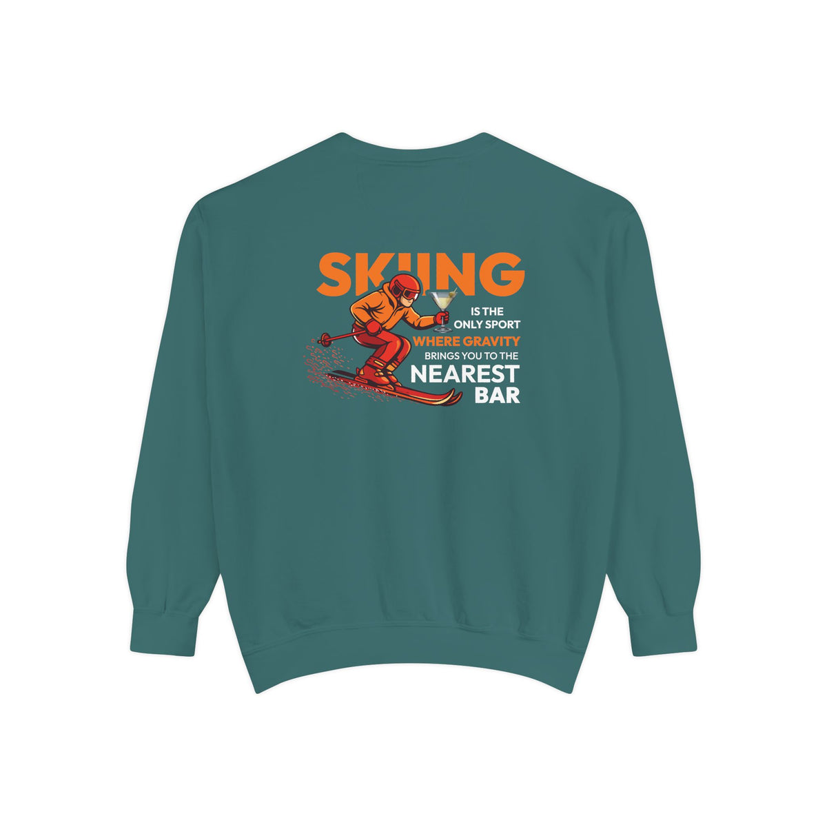 Gravity Skiing Crewneck Sweatshirt in Blue Spruce, flat back