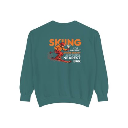 Gravity Skiing Crewneck Sweatshirt in Blue Spruce, flat back