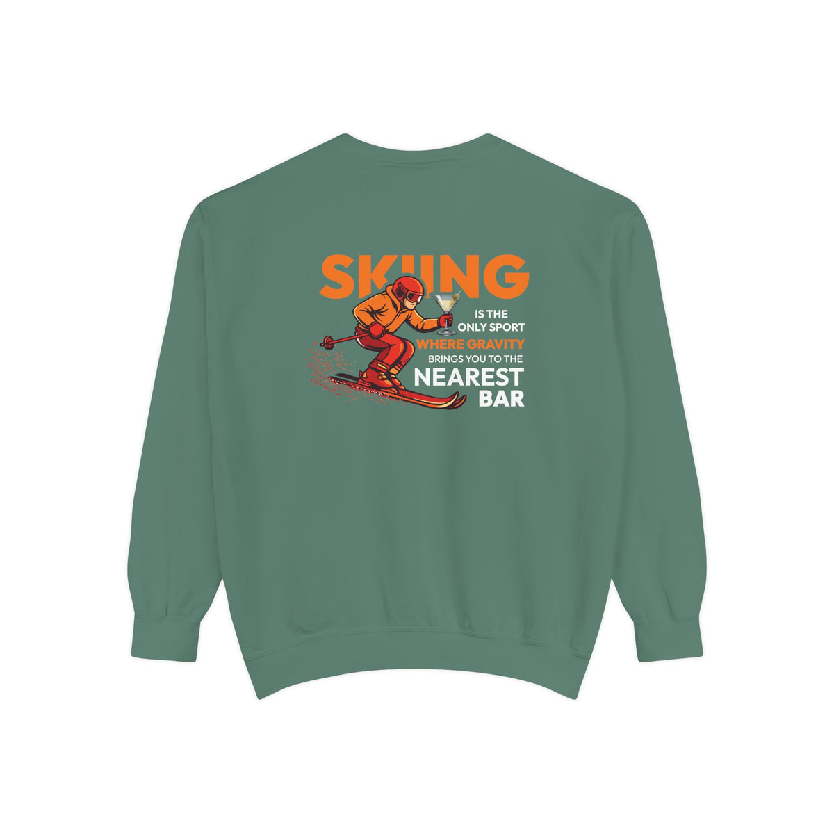 Gravity Skiing Crewneck Sweatshirt in Light Green, flat back