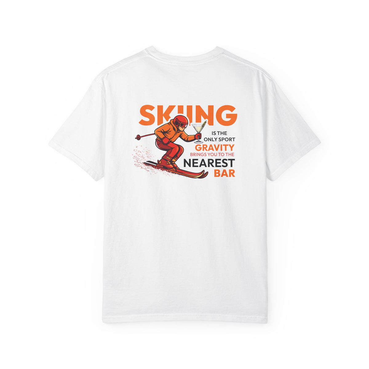 Skiing Nearest Bar Heavyweight T-Shirt in White, back view with skiing graphic