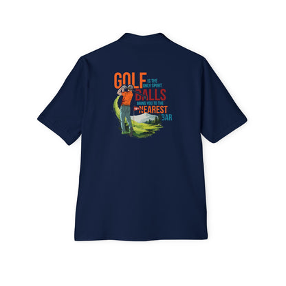 Golf Polo Shirt in J. Navy, back view with golf graphic