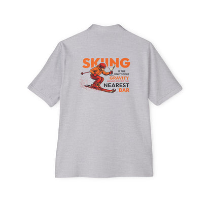 Skiing Nearest Bar Polo in Athletic Heather, back view with skiing graphic