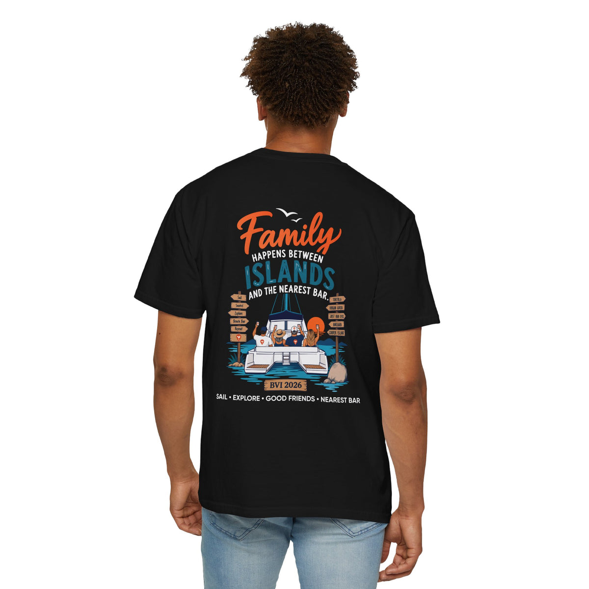 Man wearing Family Happens BVI Sailing T-Shirt in Black, back graphic