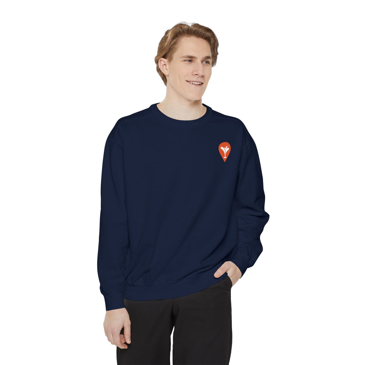 Gravity Skiing Crewneck Sweatshirt in True Navy, male model, front