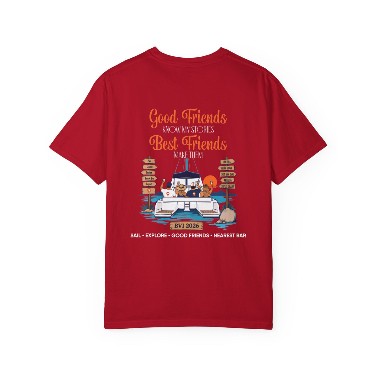 Good Friends BVI Sailing T-Shirt in Red, back view with catamaran graphic