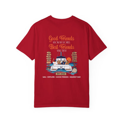 Good Friends BVI Sailing T-Shirt in Red, back view with catamaran graphic