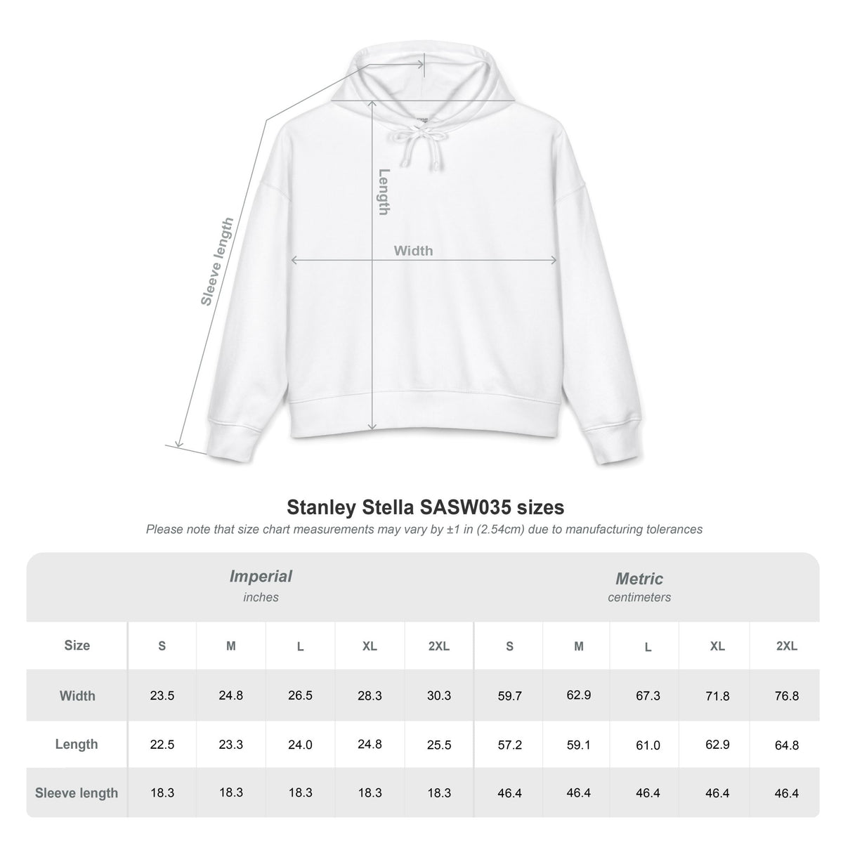 Wind & Sailing Women's Hoodie size chart