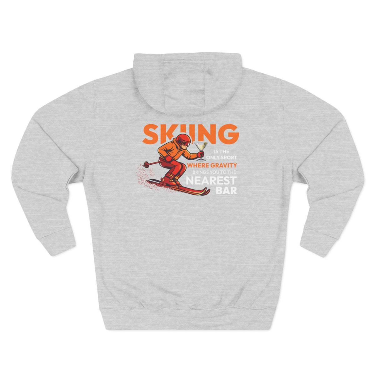Gravity Skiing Fleece Hoodie in Heather Grey, flat back