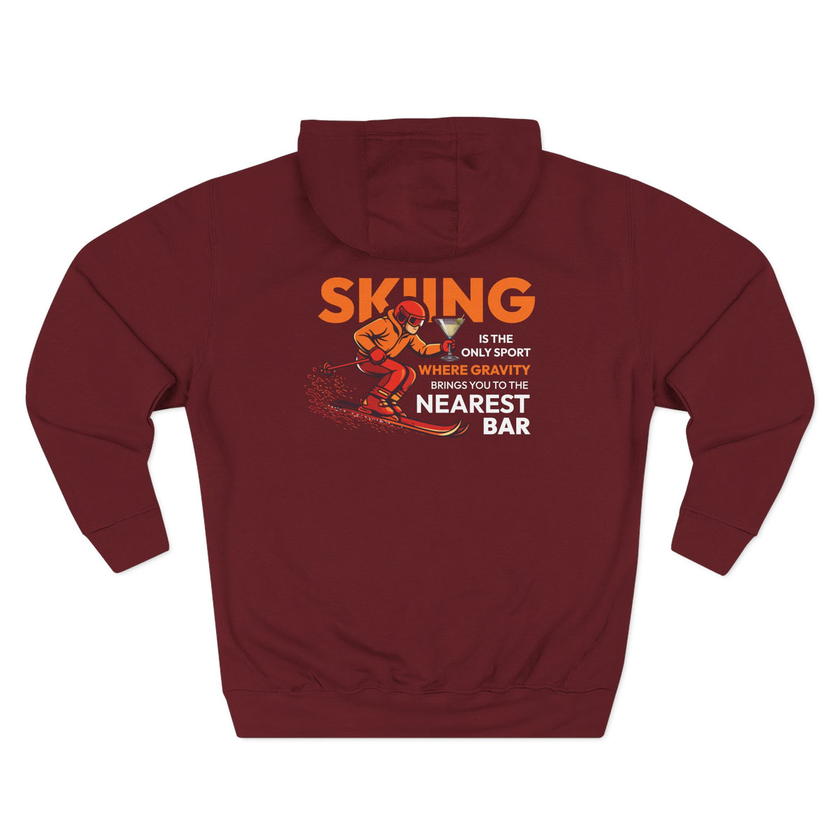 Gravity Skiing Fleece Hoodie in Burgundy, flat back