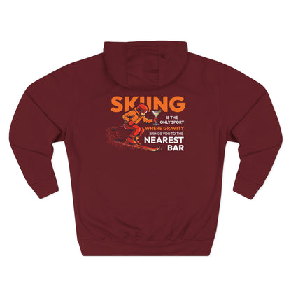 Gravity Skiing Fleece Hoodie in Burgundy, flat back