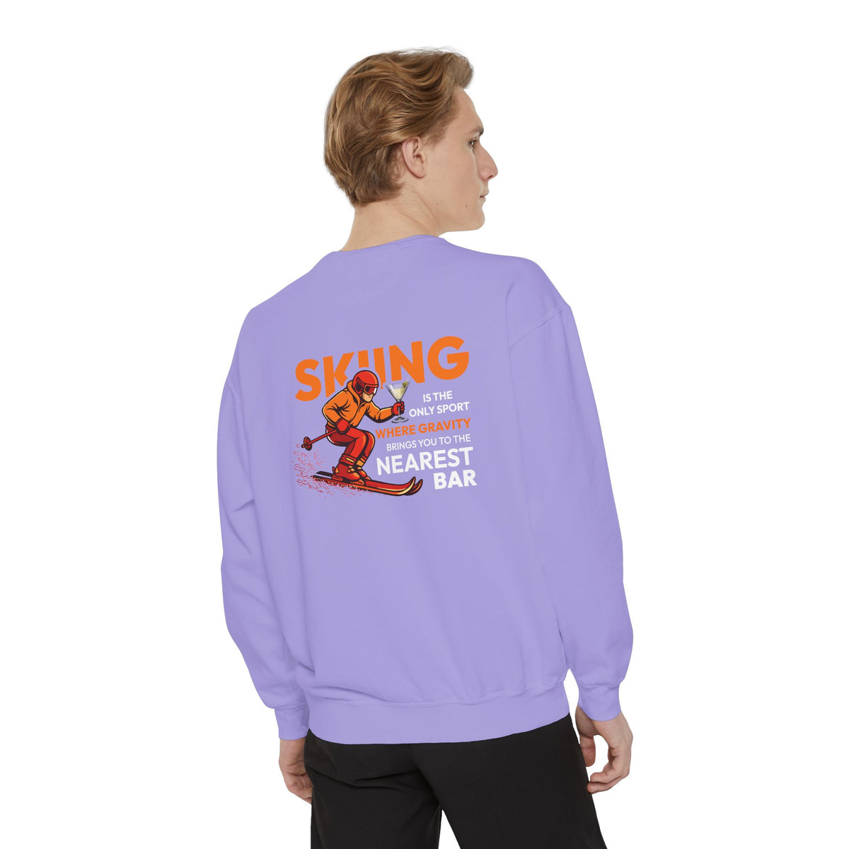 Gravity Skiing Crewneck Sweatshirt in Violet, male model, back