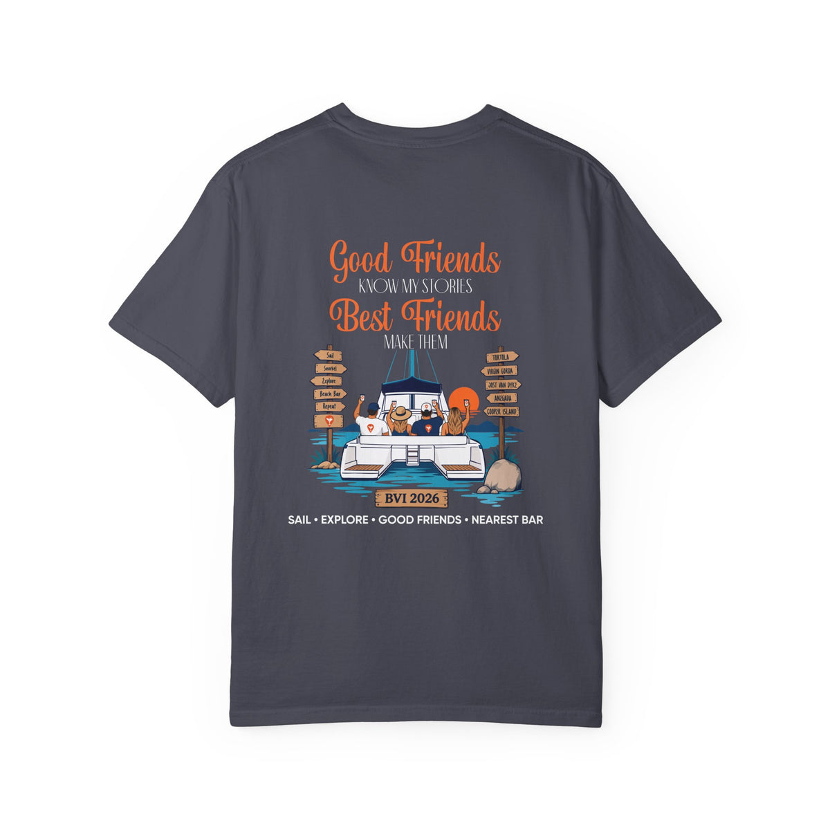 Good Friends BVI Sailing T-Shirt in Navy, back view with catamaran graphic