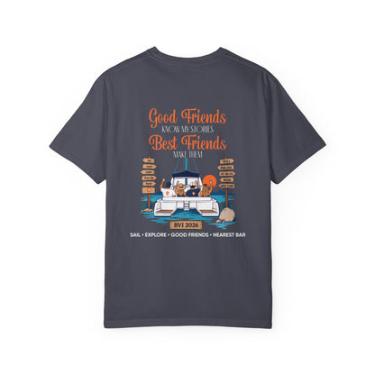 Good Friends BVI Sailing T-Shirt in Navy, back view with catamaran graphic
