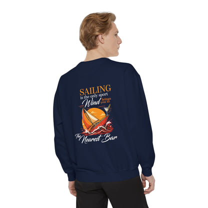 Wind & Sailing Crewneck Sweatshirt in True Navy, male model, back