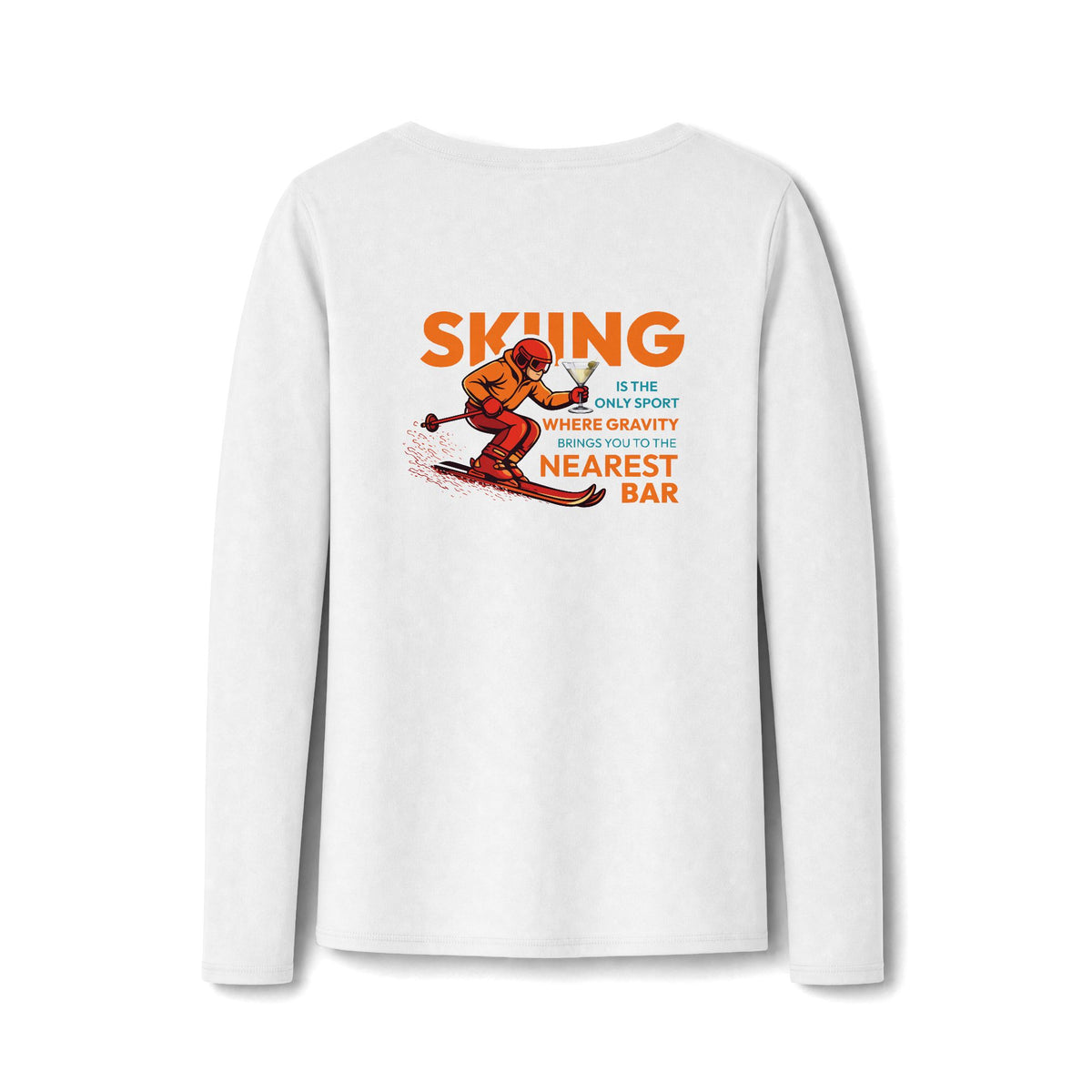 Gravity Skiing Women's Long Sleeve V-Neck Tee in White, back