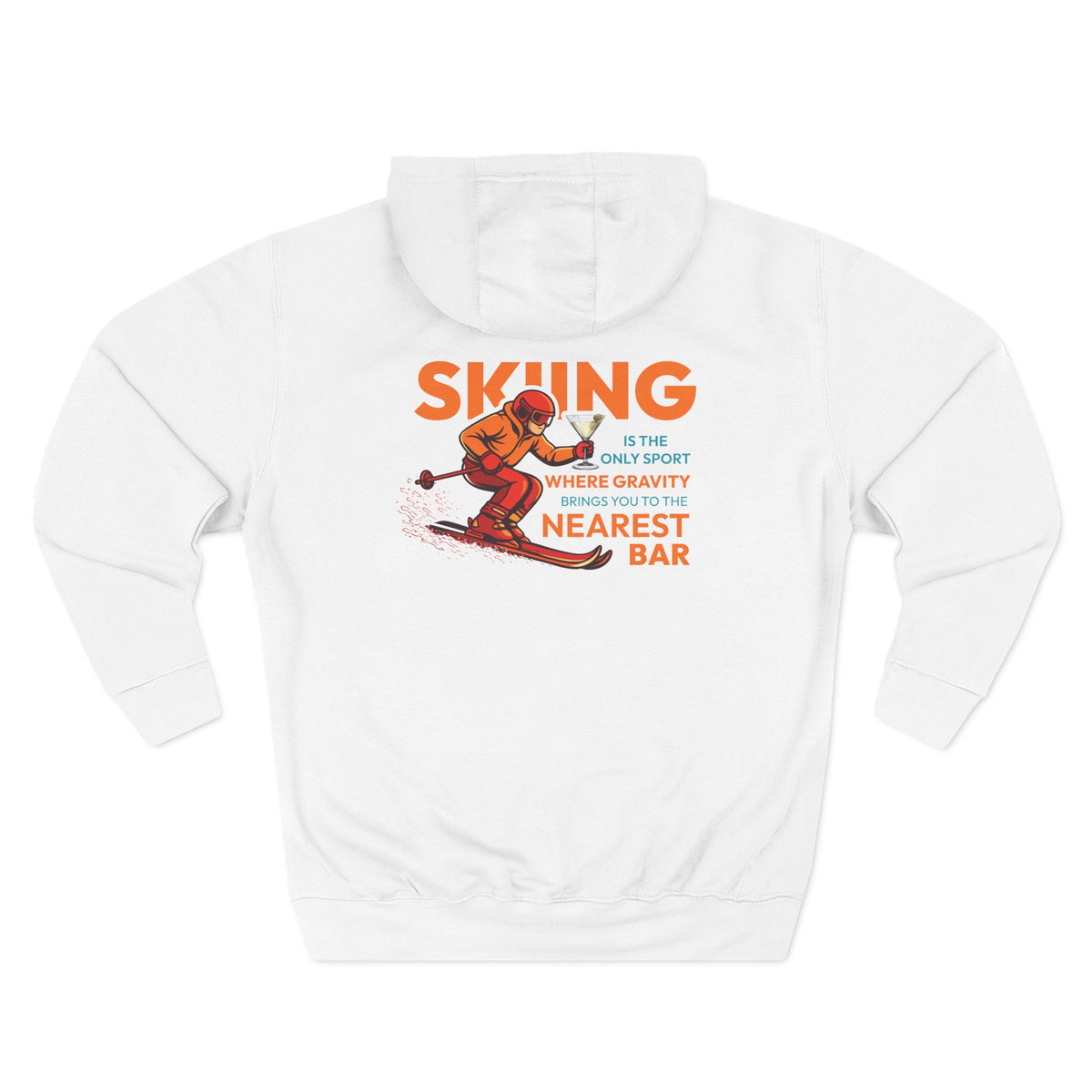 Gravity Skiing Fleece Hoodie in White, flat back