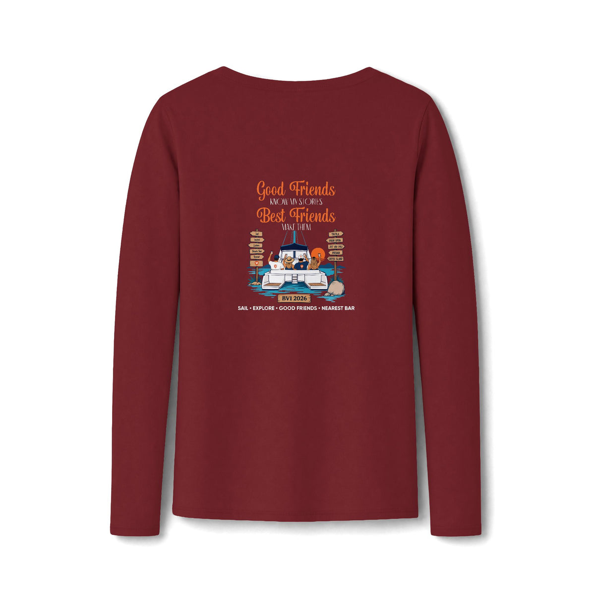 Good Friends, Best Friends Women's Long Sleeve V-Neck Tee in Team Cardinal, back